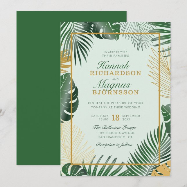Invitation Forêt moderne Vert Tropical Feuille Mariage modern (Devant / Derrière)