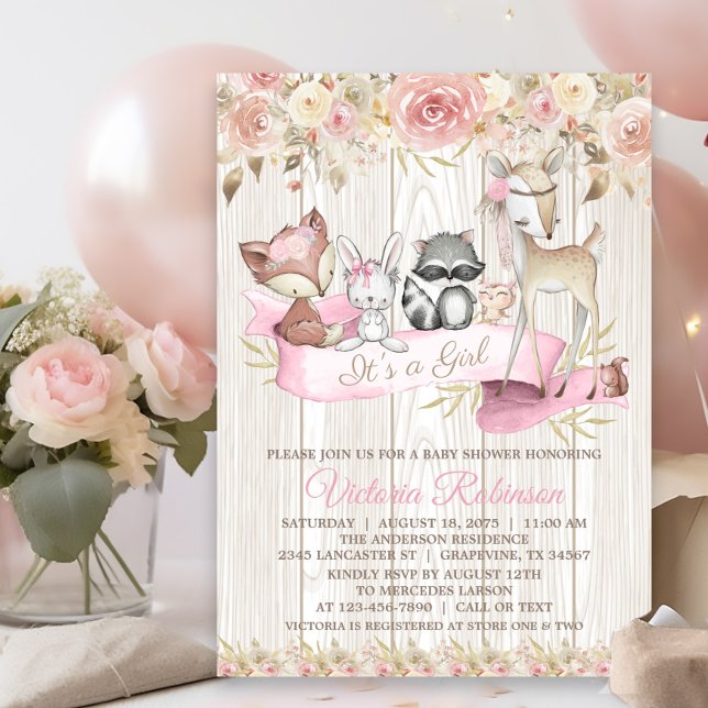 Invitation Forêt rustique douce Baby shower animal (Cute woodland baby shower invitation with sweet baby animals on a rustic wood and floral background.)