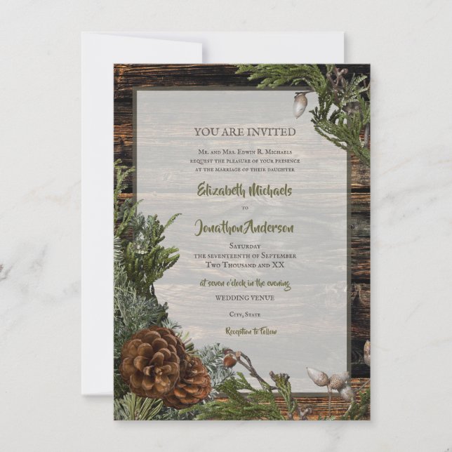 Invitation Forêt rustique Mariage Bois foncé Bouton À feuilla (Devant)