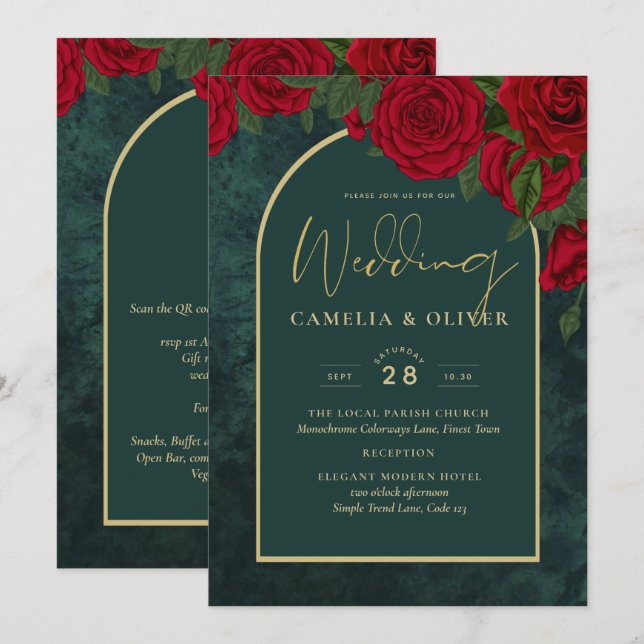 Invitation Forêt Vert Or ROUGE Roses Mariage d'hiver (Devant / Derrière)