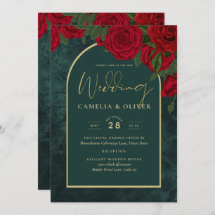 Invitation Forêt Vert Or ROUGE Roses Mariage d'hiver