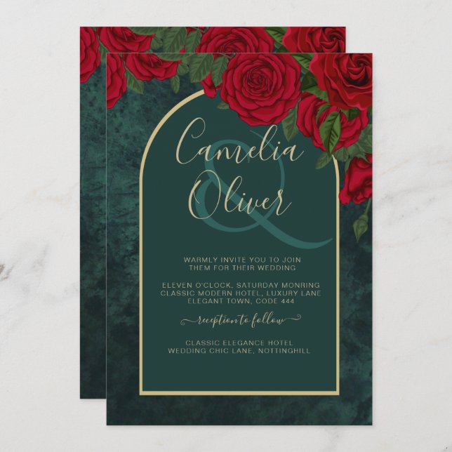 Invitation Forêt Vert Or ROUGE Roses Mariage d'hiver (Devant / Derrière)