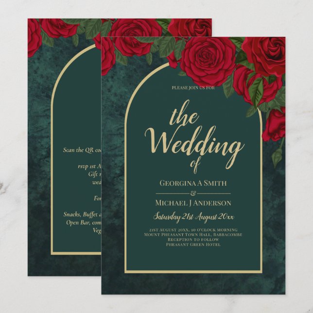 Invitation Forêt Vert Or ROUGE Roses Mariage d'hiver (Devant / Derrière)