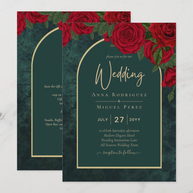 Invitation Forêt Vert Or ROUGE Roses Mariage d'hiver (Devant / Derrière)