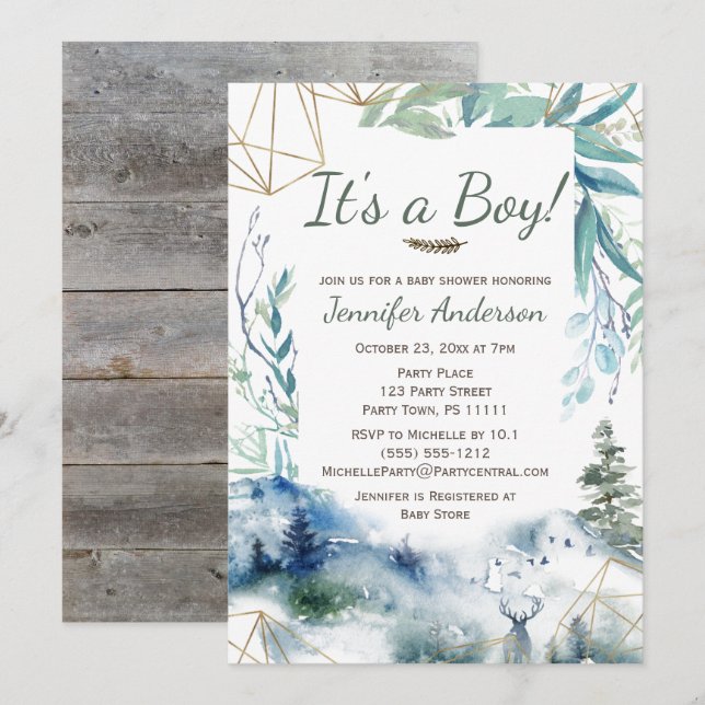 Invitation Forêt Woodland Gold Pays Deer Boy Baby shower (Devant / Derrière)