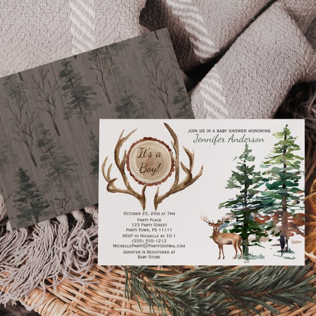 Invitation Forêt Woodland Pays Deer Antler Baby shower (Créateur téléchargé)