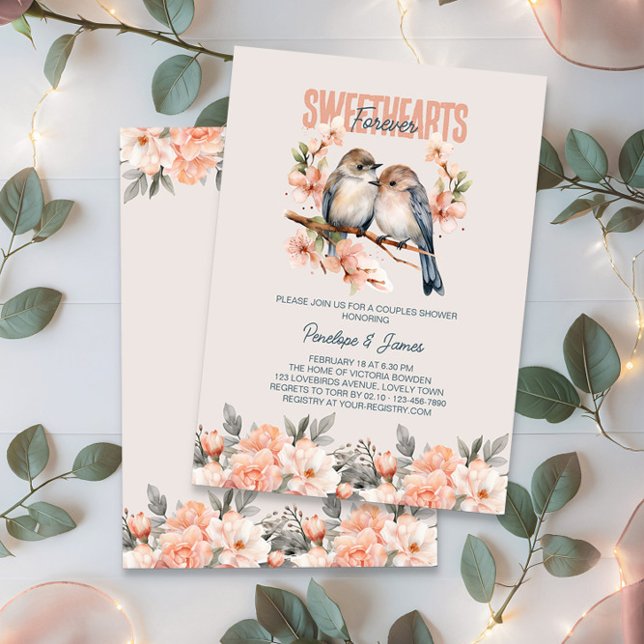 Invitation Forever amoureux Floral Lovebird Couples Douche (Bridal Shower invitation from the Valentines Bridal Shower Invitation collection by Darling & May)