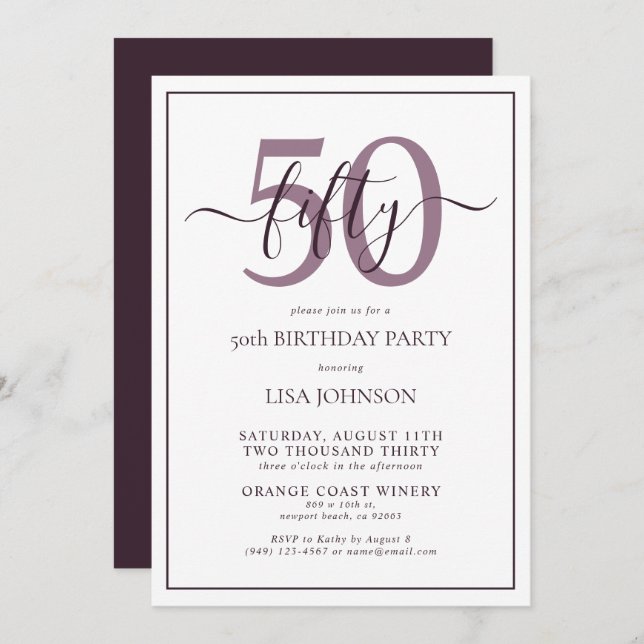 Invitation Formal 50e Anniversaire Plum violet Script classiq (Devant / Derrière)