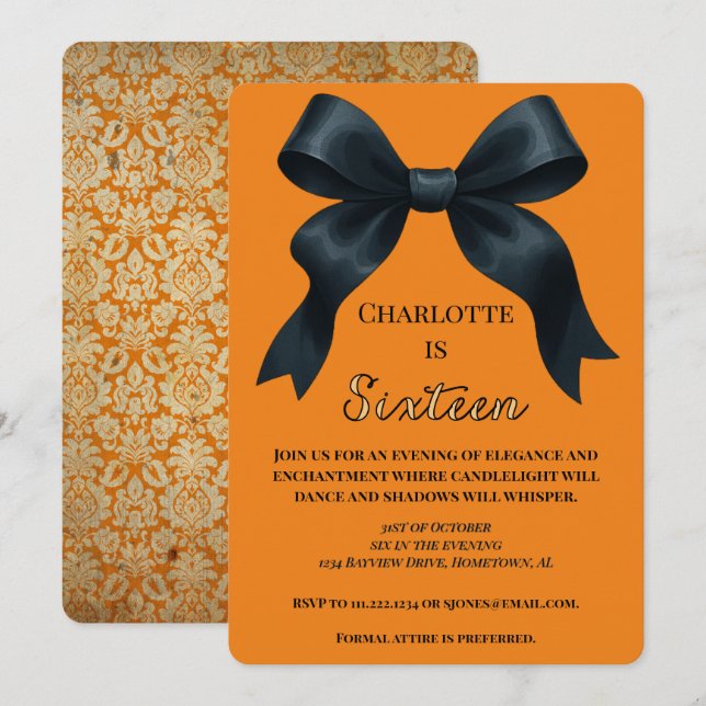 Invitation Formal Bow Halloween Birthday Invite - Orange (Devant / Derrière)