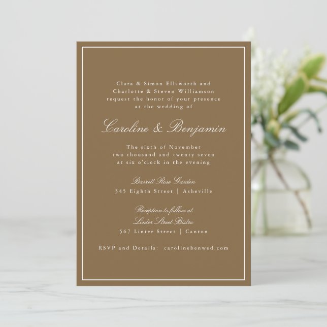 Invitation Formal Classic Chaud Script Brown Élégant Mariage (Debout devant)