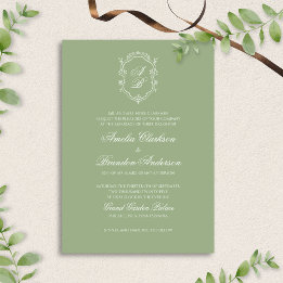 Invitation Formal Classic Sage Green Monogram Crest Wedding