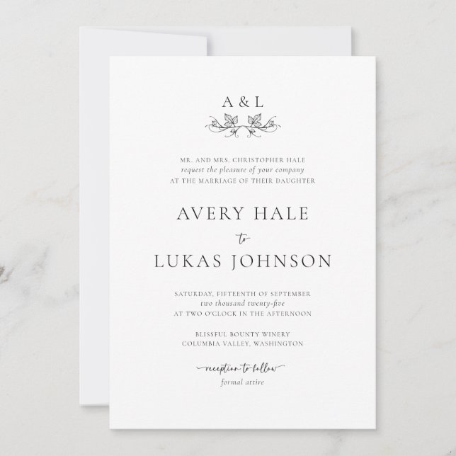Invitation Formal Elegant noir blanc Mariage classique (Devant)