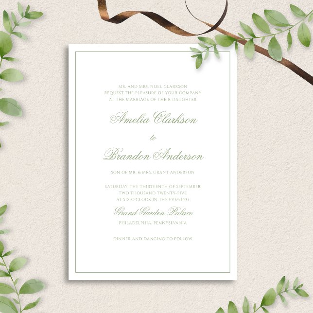 Invitation Formal Sage Green & White Border Script Wedding (Créateur téléchargé)