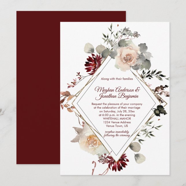 Invitation Forme de diamant des fleurs d'hiver - Mariage de B (Devant / Derrière)