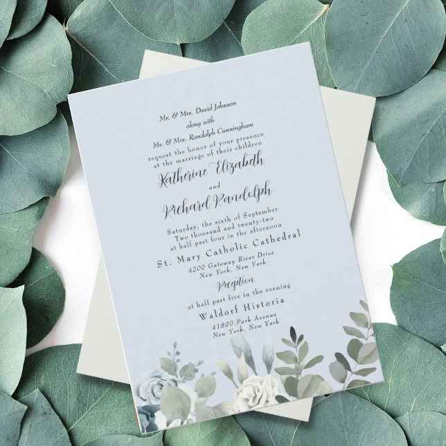 Invitation Formel Dusty Blue Floral Les deux parents Mariage (Créateur téléchargé)
