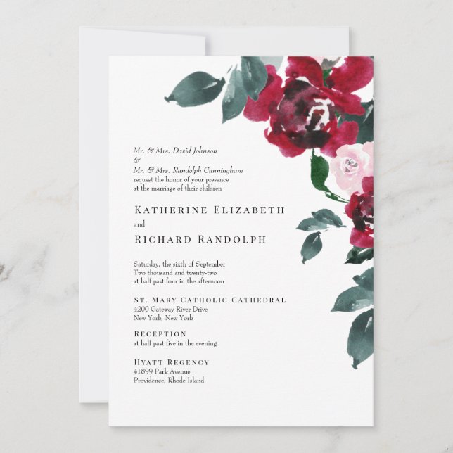 Invitation Formel Elegan Rouge Rose Mariage Floral (Devant)