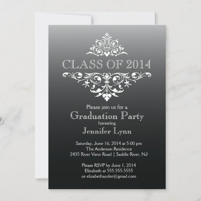Invitation Formelle Black Elegant Flourish Graduation Party (Devant)