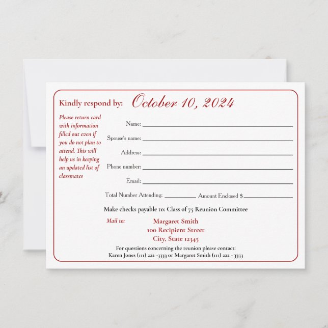 Invitation Formulaire de réponse à la réunion de classe de tr (Devant)