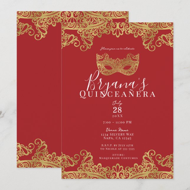Invitation Fortune Red Gold Lace Masquerade 15 Quinceañera (Devant / Derrière)