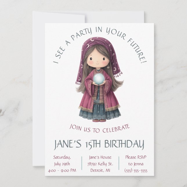 Invitation Fortune Teller, Crystal Ball, Anniversaire des enf (Devant)