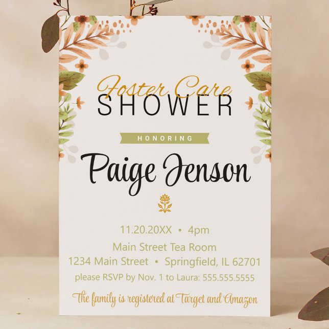 Invitation Foster Care Douche Botanique verte et Brown (Foster care baby child shower modern boho green brown botanical floral woodland fall adoption)