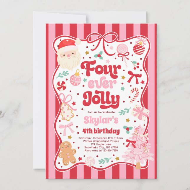 Invitation Four Ever Jolly Christmas Bow 4th Birthday (Devant)