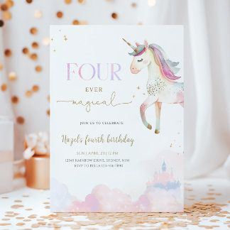 Invitation Four Ever Magical Unicorn 4th Birthday Party