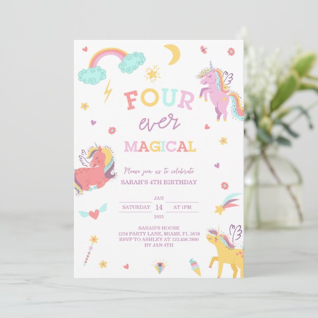 Invitation Four Ever Magique Unicorne 4e anniversaire (Debout devant)