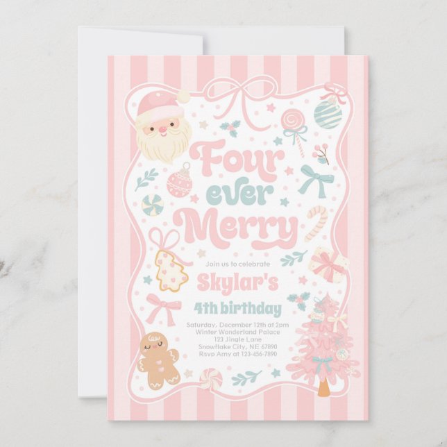 Invitation Four Ever Merry Christmas Bow 4th Birthday (Devant)