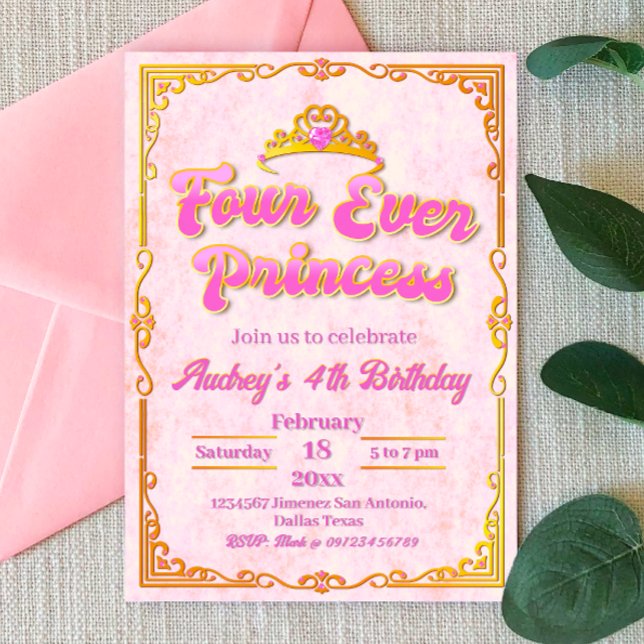 Invitation Four Ever Princess - Fille 4e anniversaire (Four Ever Princess - Girl 4th Birthday Invitation)