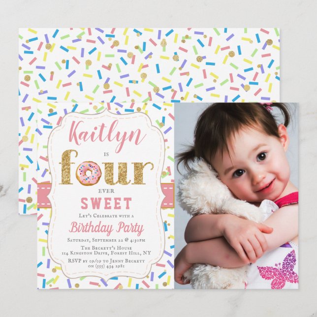 Invitation FOUR ever Sweet Donut Girls 4th Birthday Invitatio (Devant / Derrière)