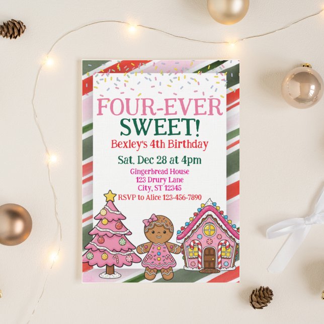 Invitation Four-Ever Sweet, Pink Gingerbread 4th Birthday (Créateur téléchargé)