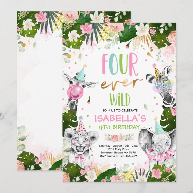 Invitation Four Ever Wild 4th Birthday Safari Animaux Party (Devant / Derrière)