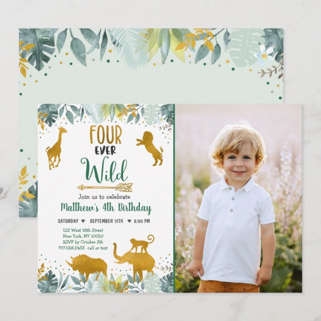 Invitation Four Ever Wild Greenery Gold Safari Anniversaire (Devant / Derrière)
