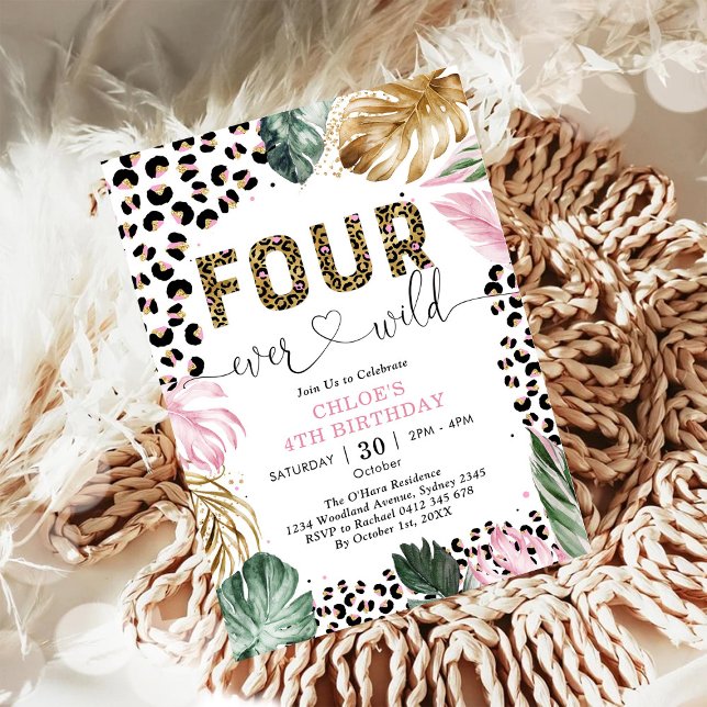 Invitation Four Ever Wild Leopard Girl 4th Birthday (Créateur téléchargé)