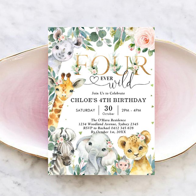 Invitation Four Ever Wild Party Animals Girl 4th Birthday (Créateur téléchargé)