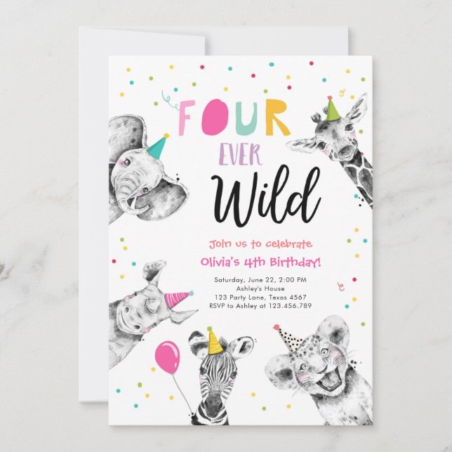 Invitation Four Ever Wild Party Animaux Safari Girl Anniversa (Devant)