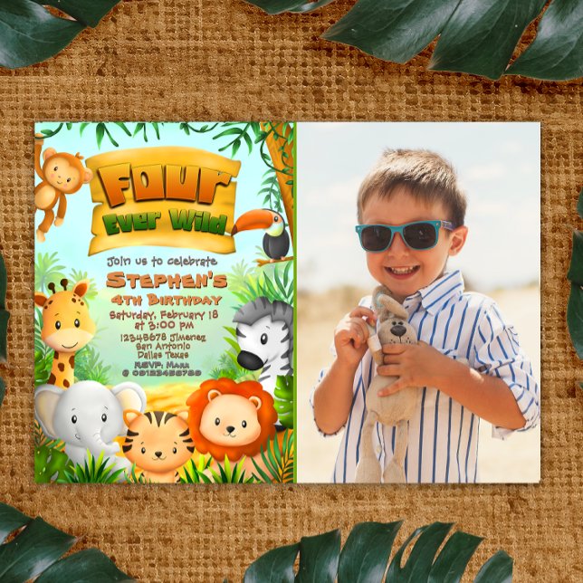 Invitation Four Ever Wild Safari Anniversaire avec photo (Four Ever Wild Safari Birthday with Photo Landscape Invitation
)