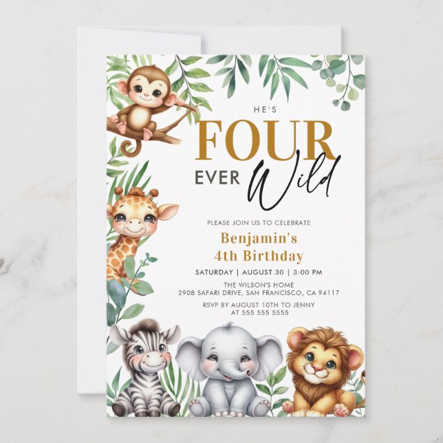 Invitation Four Ever Wild Safari Jungle Animaux 4e anniversai (Devant)