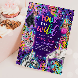 Invitation Four Ever Wild Safari Neon Cheetah fête d'annivers