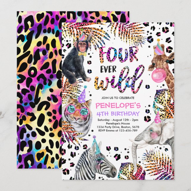 Invitation Four Ever Wild Safari Rainbow Cheetah 4e anniversa (Devant / Derrière)