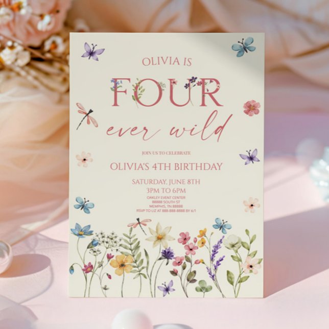 Invitation Four Ever Wild Wildflower 4th Birthday Party (Créateur téléchargé)
