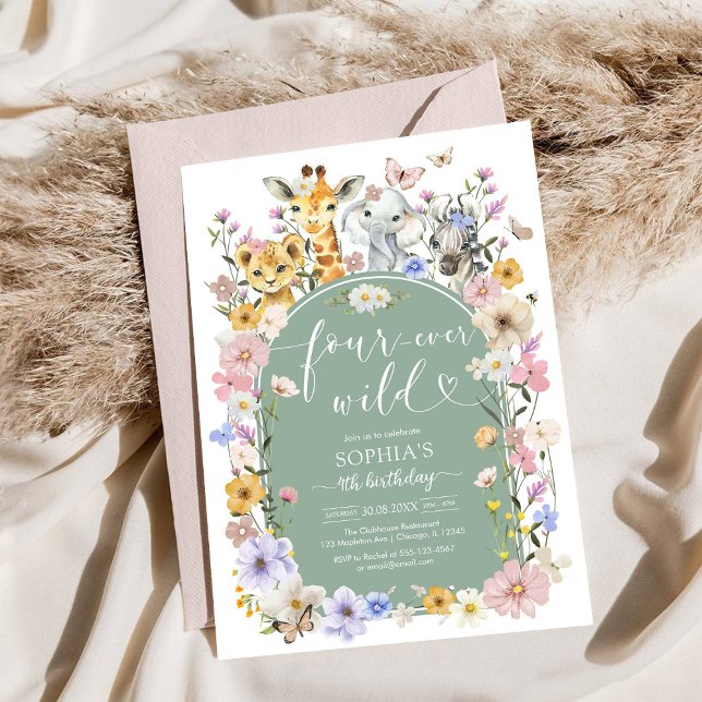 Invitation Four Ever Wild Wildflower Animal 4th Birthday (Créateur téléchargé)
