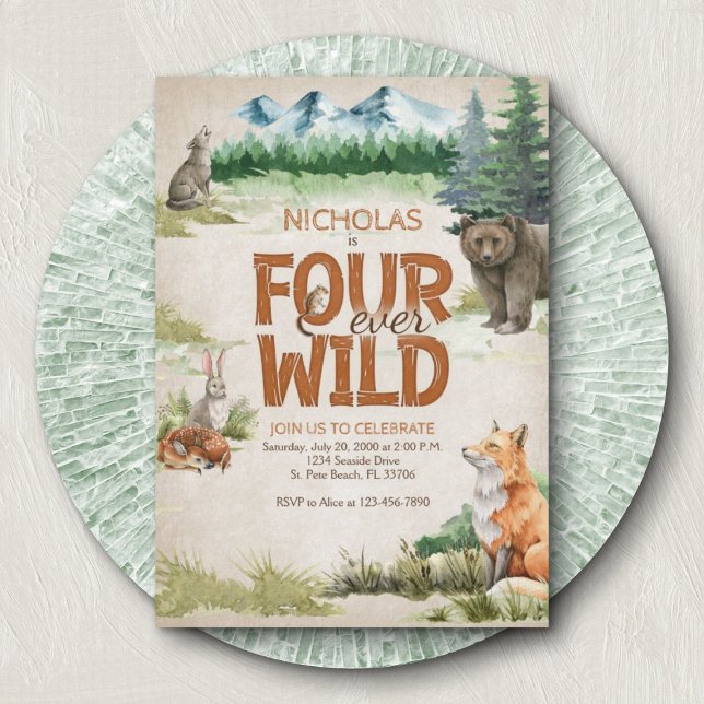 Invitation Four Ever Wild Woodland Animal 4e anniversaire (Créateur téléchargé)