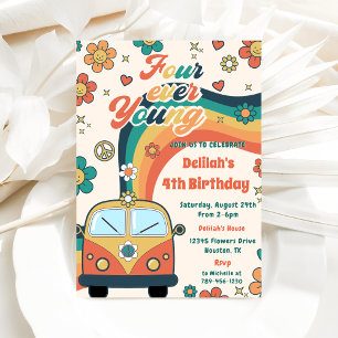 Invitation Four Ever Young Retro Floral 4e fête d'anniversair