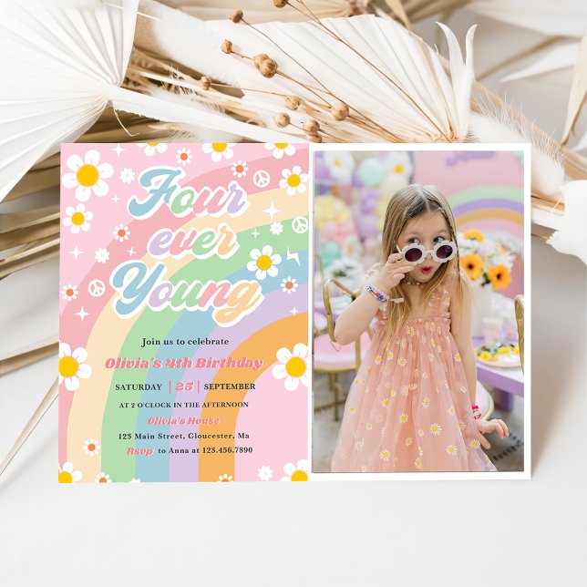 Invitation Four Ever Young Super Daisy Rainbow 4e anniversair (Créateur téléchargé)