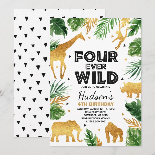Invitation Fourever Wild 4e anniversaire fête Safari Animaux (Devant / Derrière)