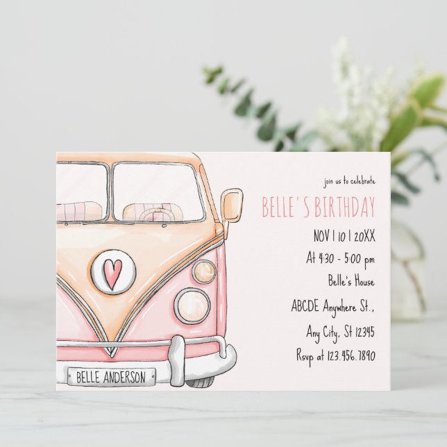 Invitation Fourgonnette rose vintage (Debout devant)