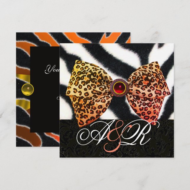 INVITATION FOURRURE DE ZÈBRE, NOEUD EN PEAU DE LÉOPARD, MONOG (Devant / Derrière)