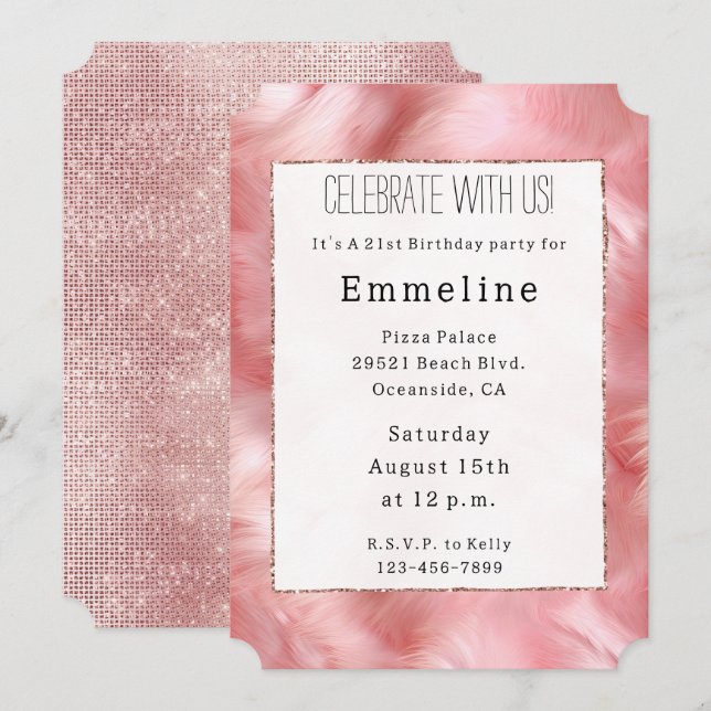 Invitation Fourrure rose-brillant rose-étincelle (Devant / Derrière)